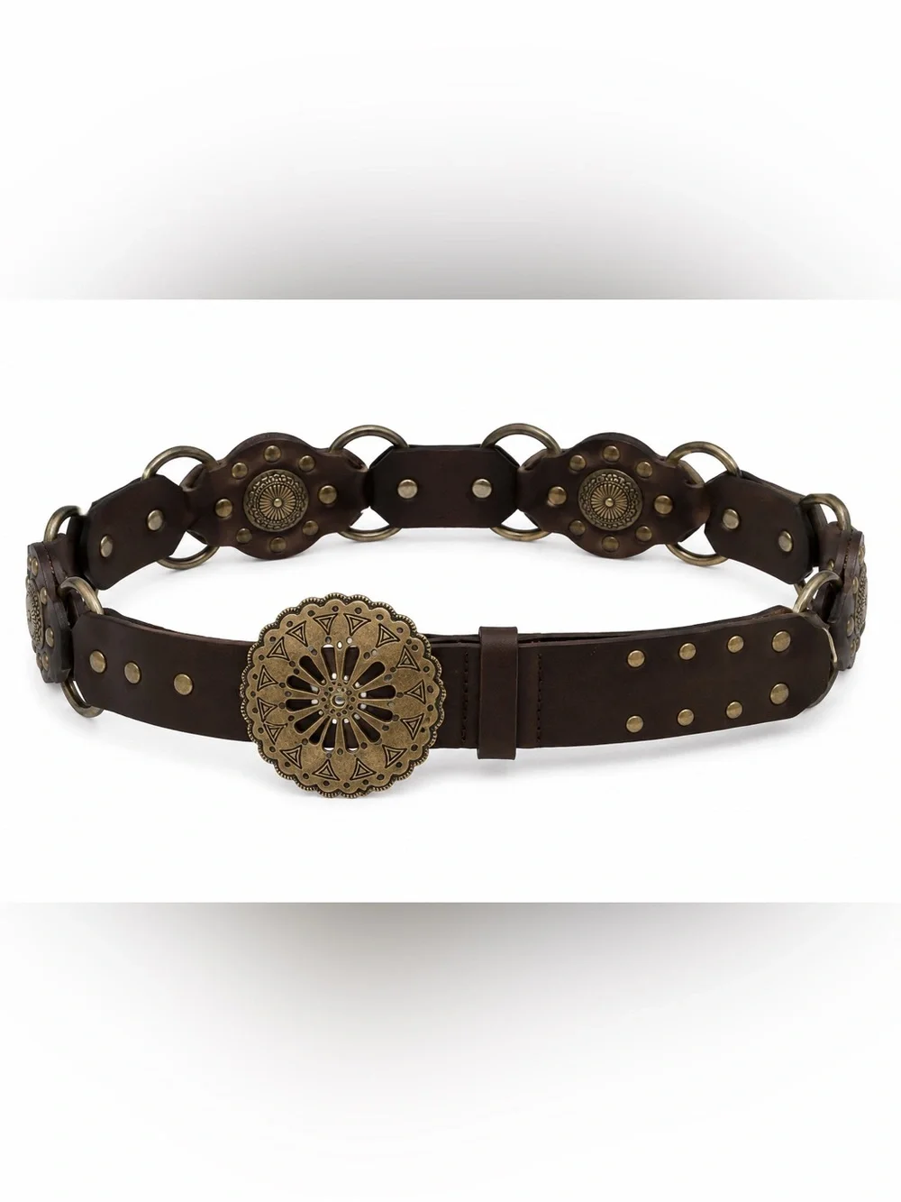 Haute Hippie Dark Brown Leather Belt with Antique Brass Medallion Buckles Size M
